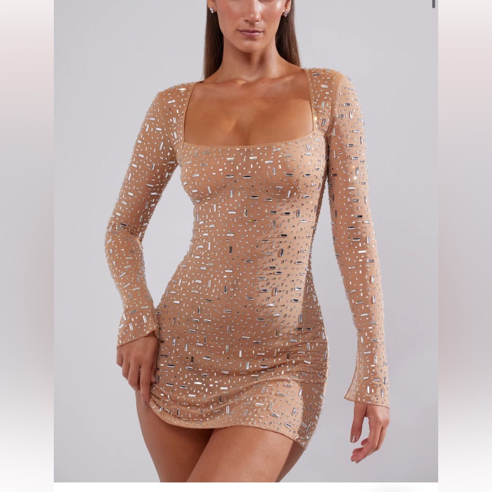 Oh Polly Sheer Embellished Long Sleeve A-Line Mini Dress in Almond